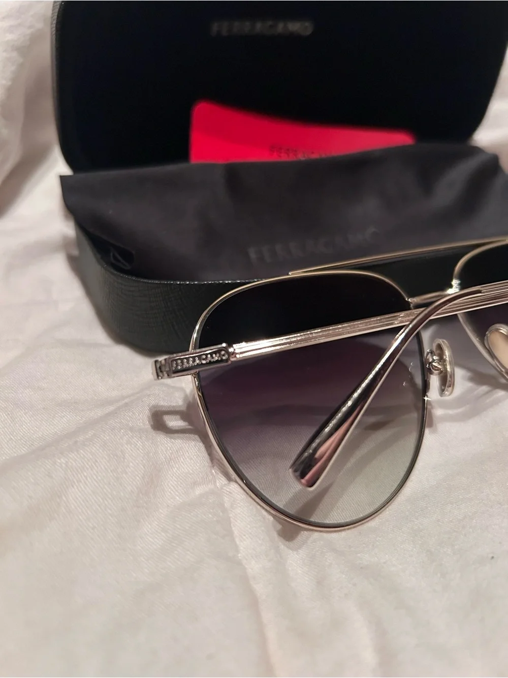 Salvatore Ferragamo Silver Metal Aviator Sunglasses with Gray Gradient Lenses